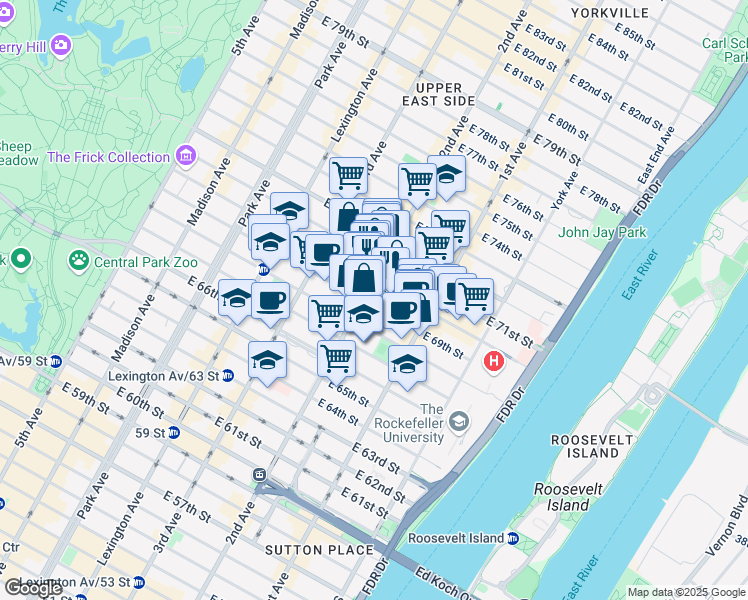 map of restaurants, bars, coffee shops, grocery stores, and more near 310 East 70th Street in New York