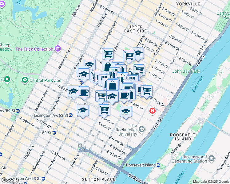 map of restaurants, bars, coffee shops, grocery stores, and more near 310 East 70th Street in New York
