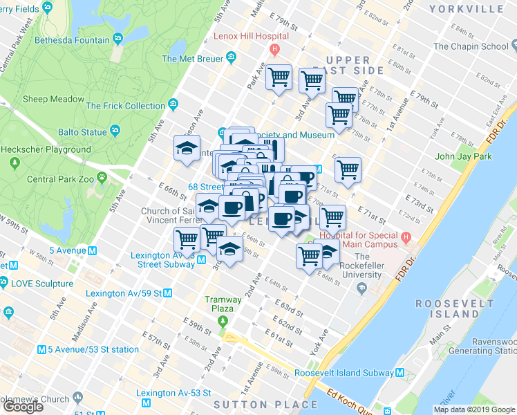map of restaurants, bars, coffee shops, grocery stores, and more near 1175 3rd Avenue in New York