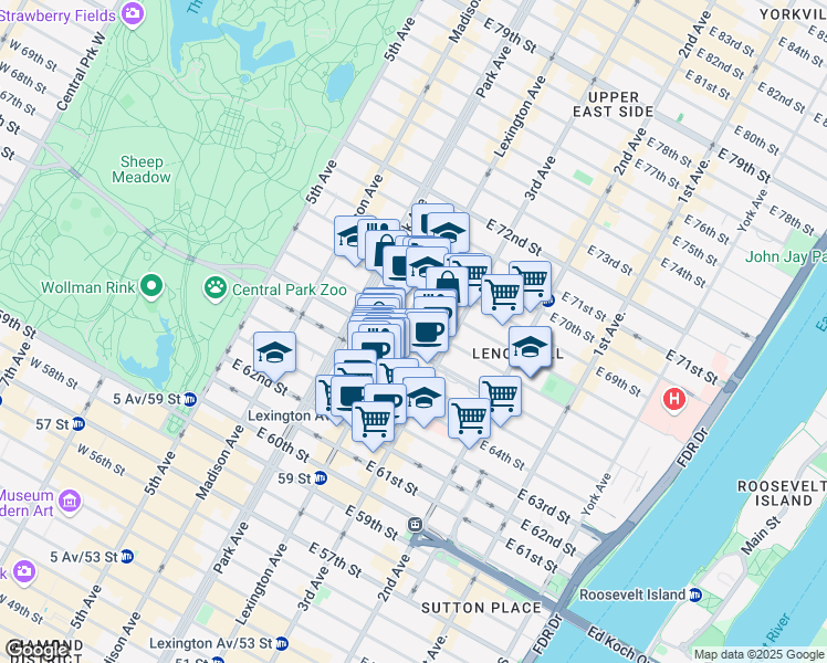 map of restaurants, bars, coffee shops, grocery stores, and more near 894 Lexington Avenue in New York
