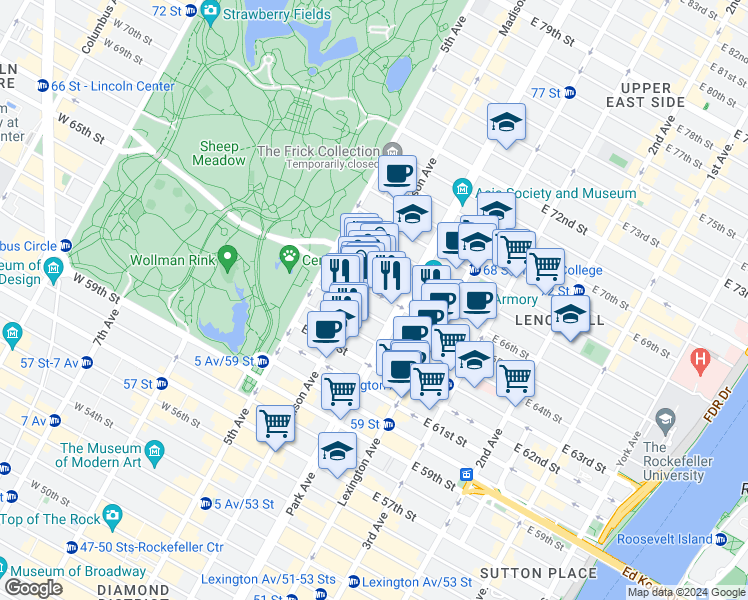 map of restaurants, bars, coffee shops, grocery stores, and more near 42A East 65th Street in New York