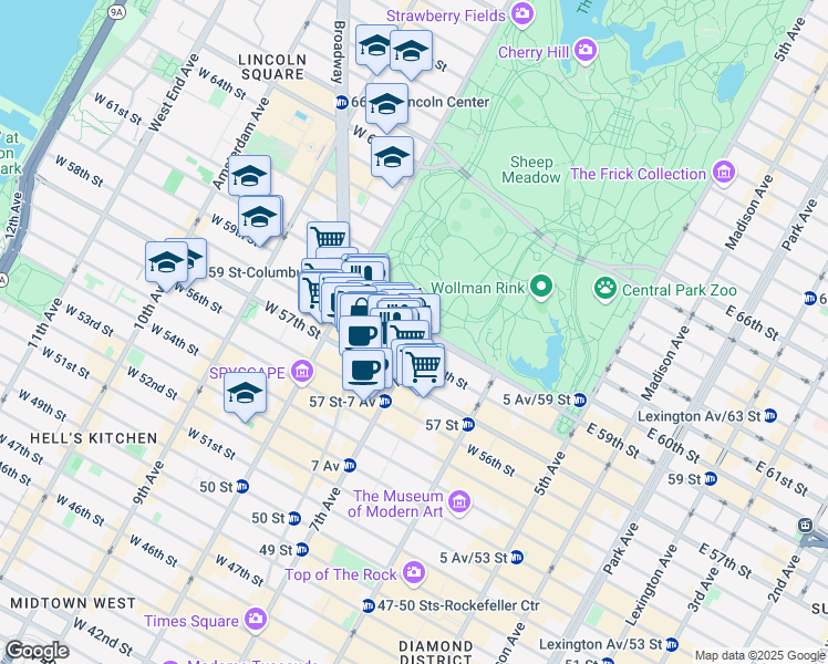 map of restaurants, bars, coffee shops, grocery stores, and more near 930 West 58th Street in New York