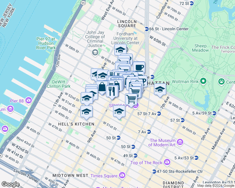map of restaurants, bars, coffee shops, grocery stores, and more near 862 9th Avenue in New York