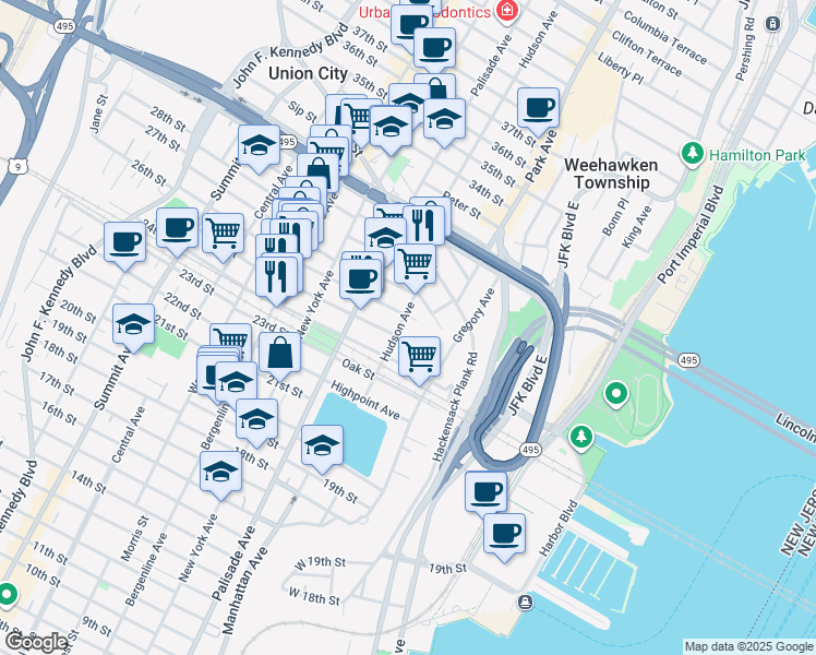 map of restaurants, bars, coffee shops, grocery stores, and more near 208 Dodd Street in Weehawken