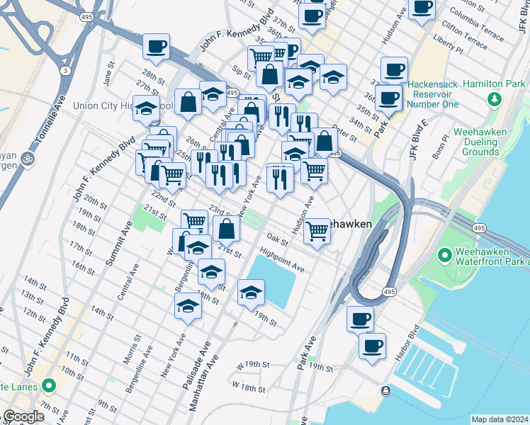 map of restaurants, bars, coffee shops, grocery stores, and more near 2410 Palisade Avenue in Weehawken