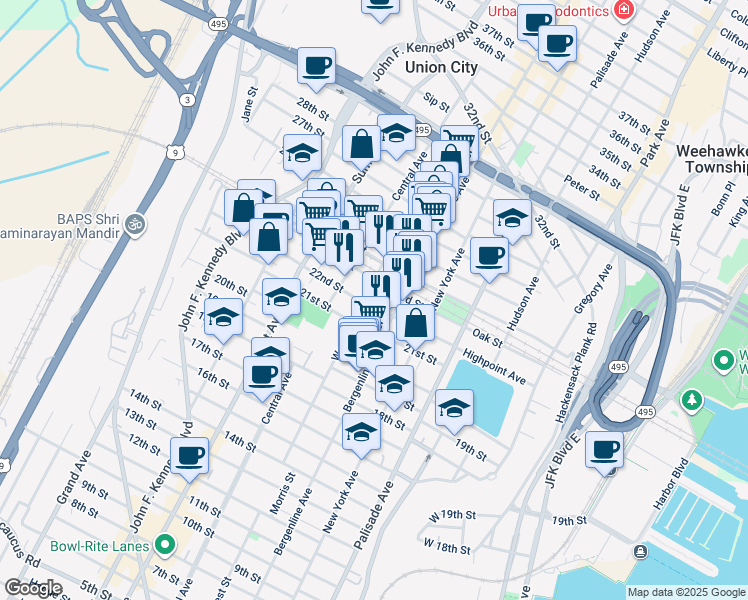 map of restaurants, bars, coffee shops, grocery stores, and more near 522 22nd Street in Union City