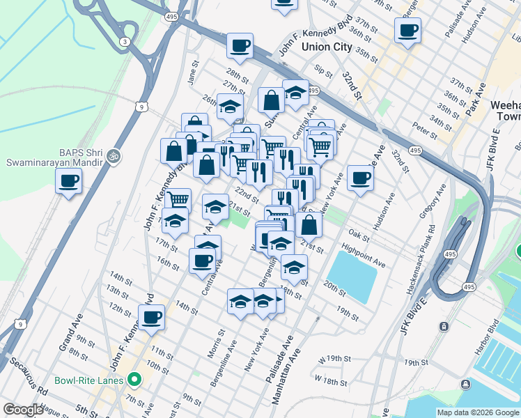 map of restaurants, bars, coffee shops, grocery stores, and more near 619 22nd Street in Union City