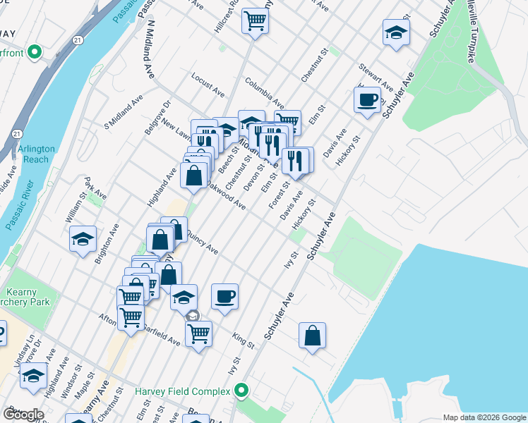 map of restaurants, bars, coffee shops, grocery stores, and more near 402 Forest Street in Kearny