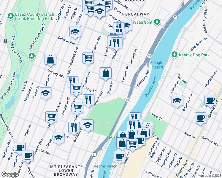 map of restaurants, bars, coffee shops, grocery stores, and more near 39 Oraton Street in Newark