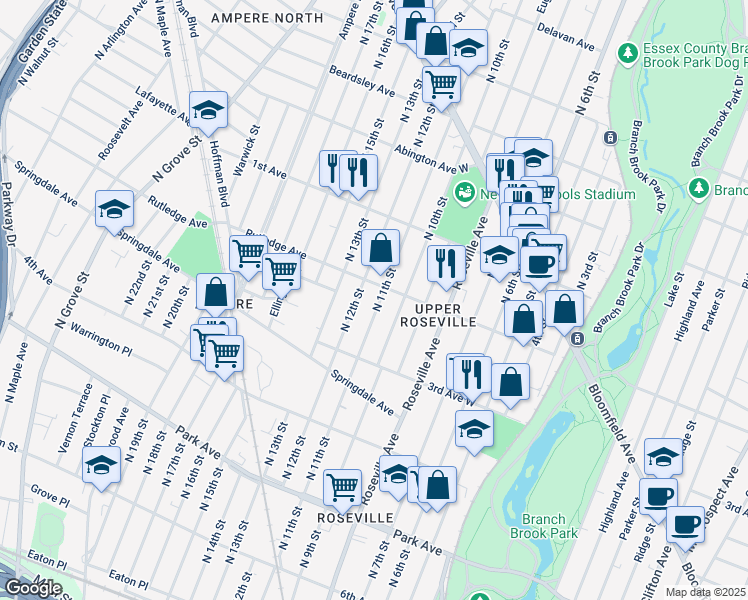 map of restaurants, bars, coffee shops, grocery stores, and more near 340 North 11th Street in Newark
