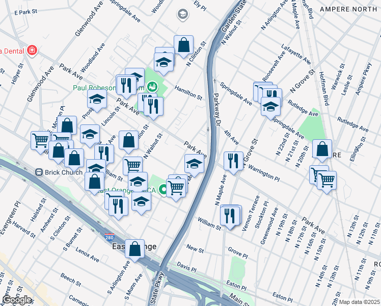 map of restaurants, bars, coffee shops, grocery stores, and more near 329 Park Avenue in East Orange