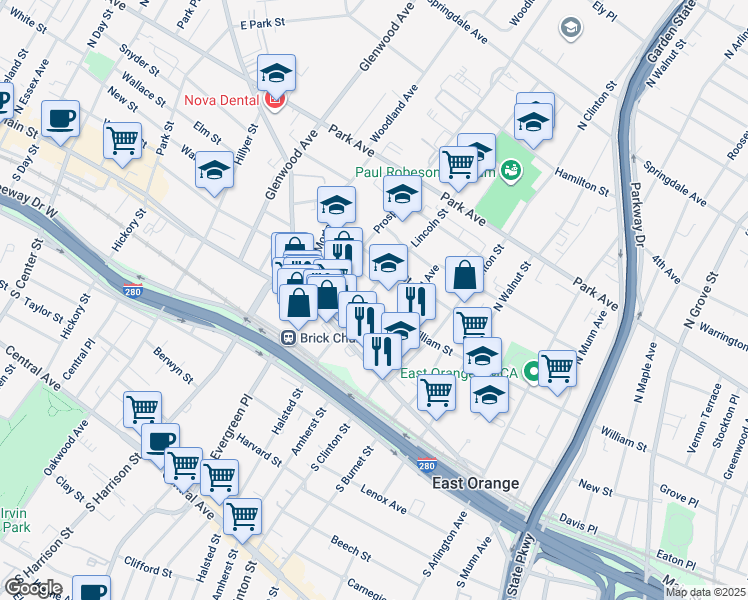 map of restaurants, bars, coffee shops, grocery stores, and more near 508 Main Street in East Orange