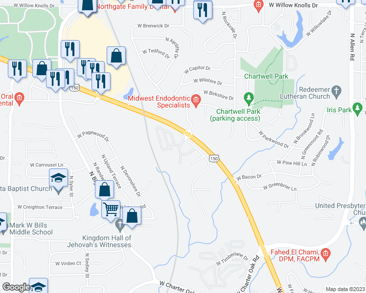 map of restaurants, bars, coffee shops, grocery stores, and more near 3401 West King James Road in Peoria