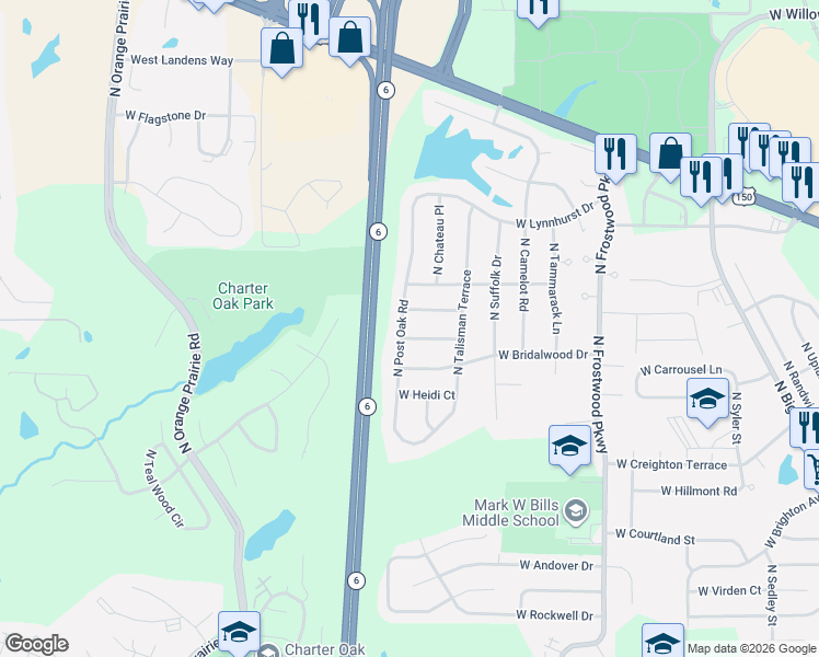 map of restaurants, bars, coffee shops, grocery stores, and more near 6502 North Post Oak Road in Peoria