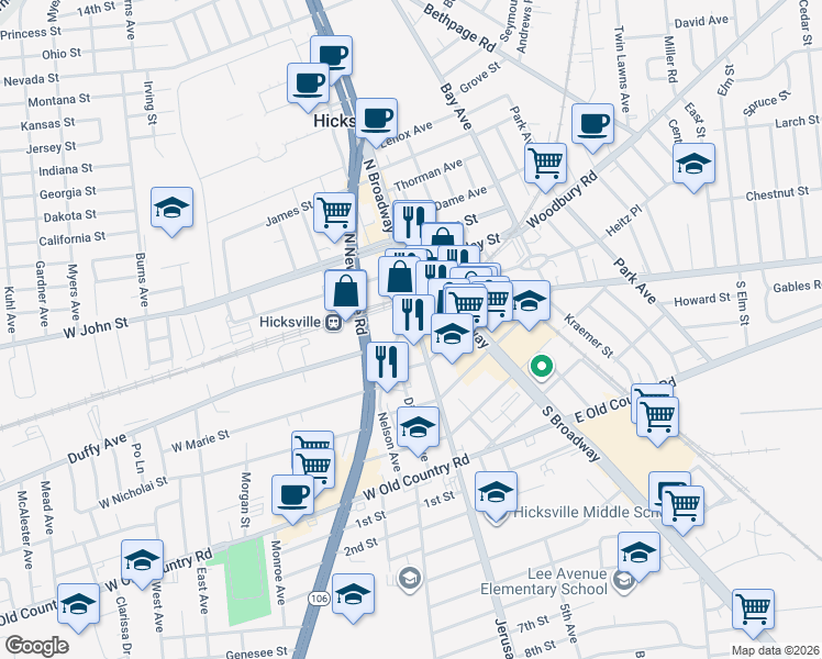 map of restaurants, bars, coffee shops, grocery stores, and more near 20 Jerusalem Avenue in Hicksville