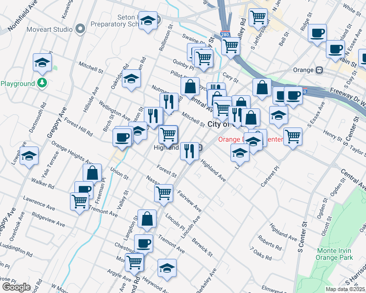 map of restaurants, bars, coffee shops, grocery stores, and more near 44 Stockman Street in West Orange