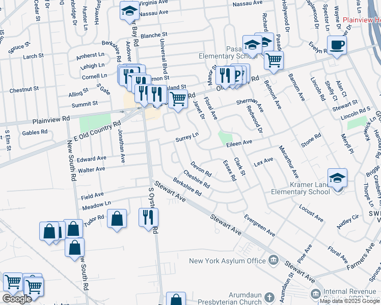 map of restaurants, bars, coffee shops, grocery stores, and more near 15 Devon Road in Bethpage