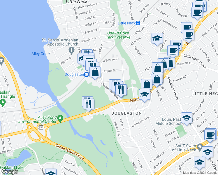 map of restaurants, bars, coffee shops, grocery stores, and more near 43-25 Douglaston Parkway in Queens