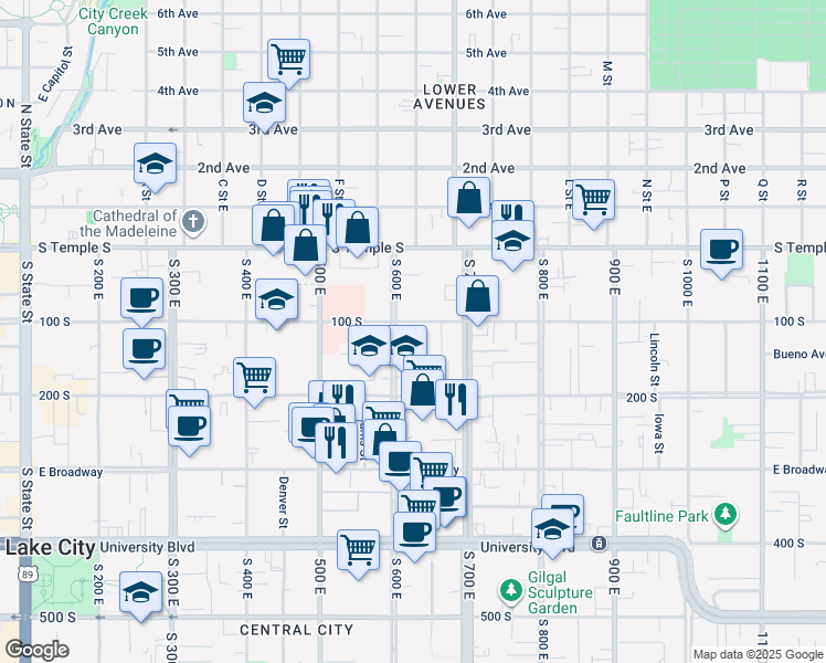 map of restaurants, bars, coffee shops, grocery stores, and more near 620 East 100 South in Salt Lake City
