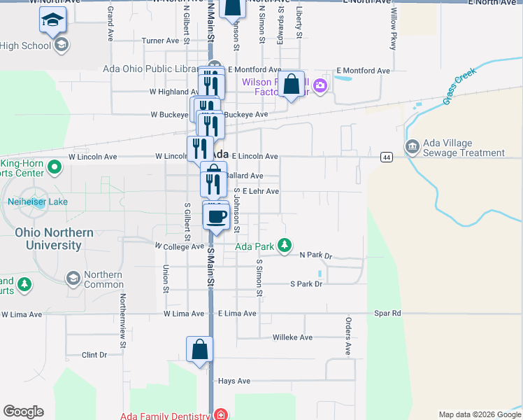 map of restaurants, bars, coffee shops, grocery stores, and more near 302 East University Avenue in Ada