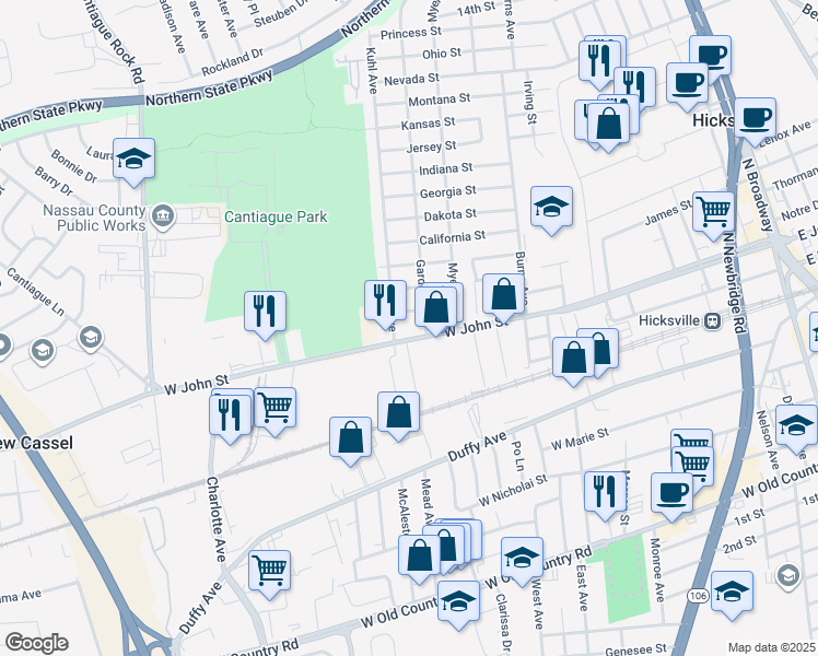 map of restaurants, bars, coffee shops, grocery stores, and more near 382 West John Street in Hicksville