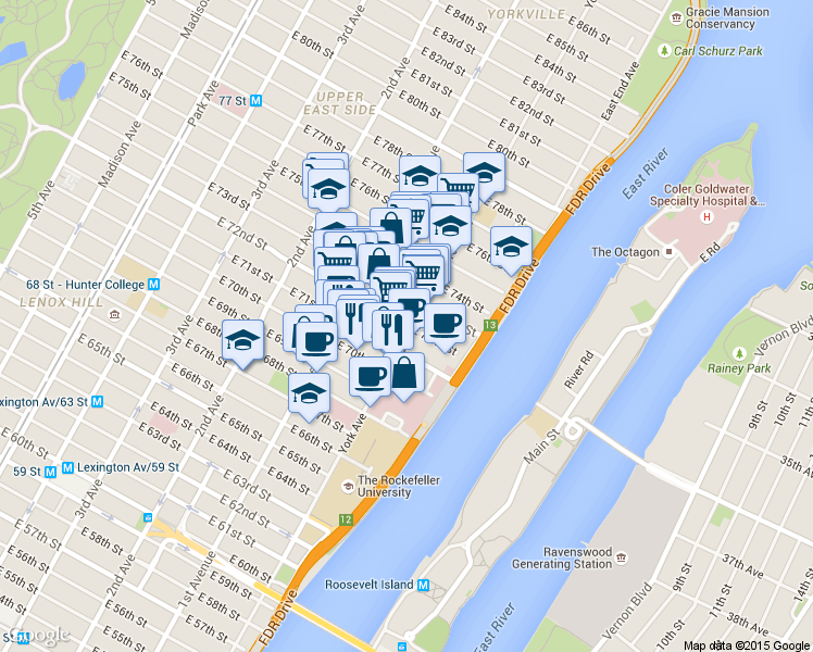 map of restaurants, bars, coffee shops, grocery stores, and more near 490 East 72nd Street in New York