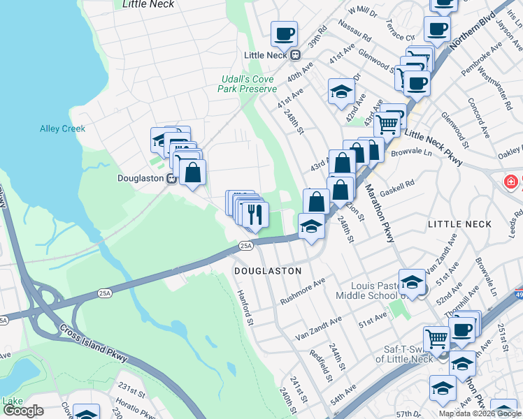 map of restaurants, bars, coffee shops, grocery stores, and more near 4326 243rd Street in Queens