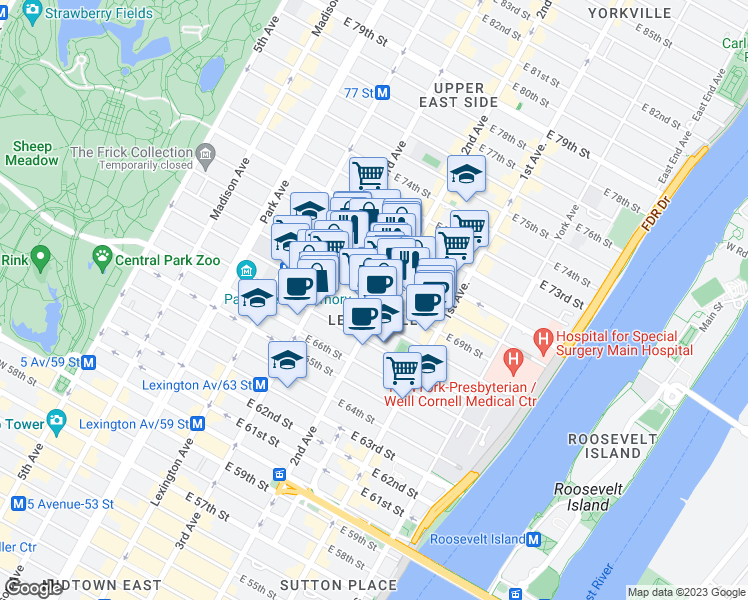 map of restaurants, bars, coffee shops, grocery stores, and more near 240 East 69th Street in New York