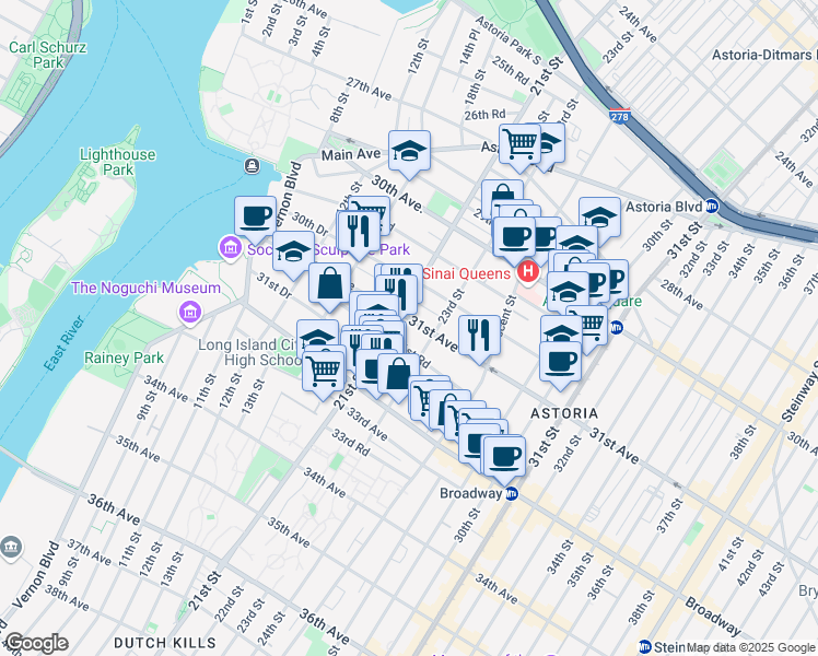 map of restaurants, bars, coffee shops, grocery stores, and more near 21-23 31st Avenue in Queens