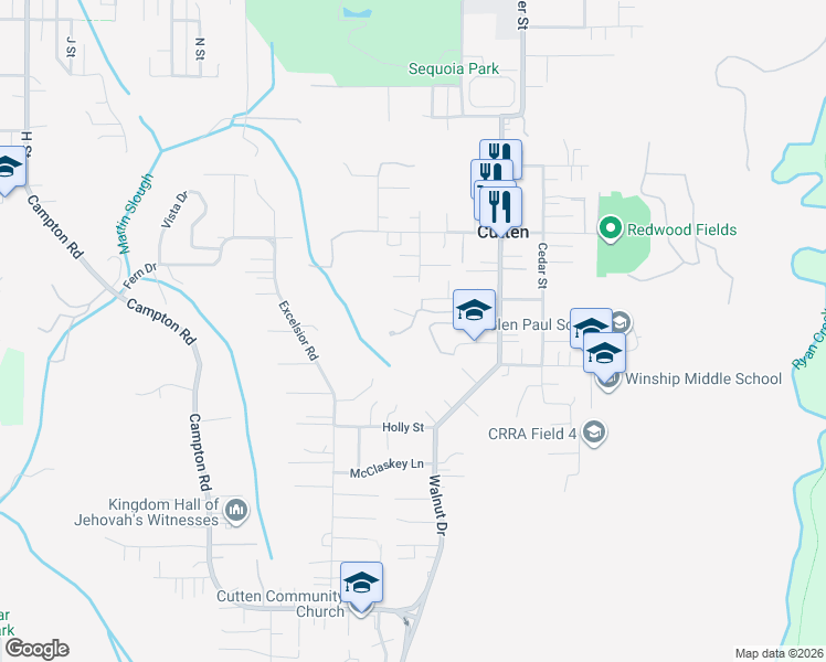 map of restaurants, bars, coffee shops, grocery stores, and more near 2040 Foxwood Drive in Eureka