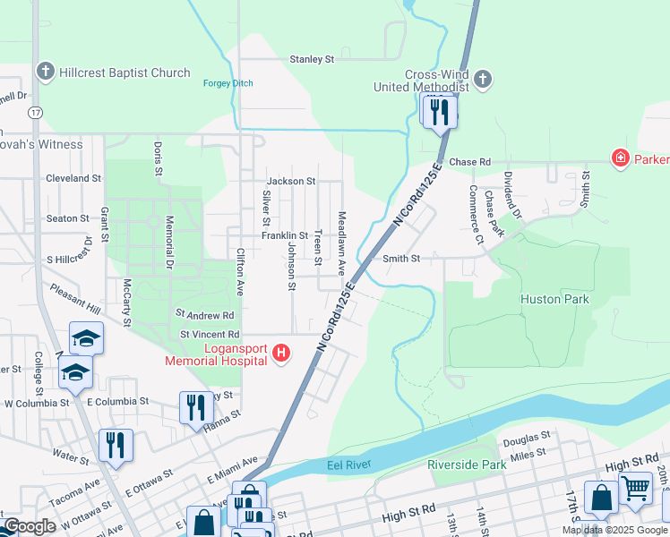 map of restaurants, bars, coffee shops, grocery stores, and more near 1501 Meadlawn Avenue in Logansport