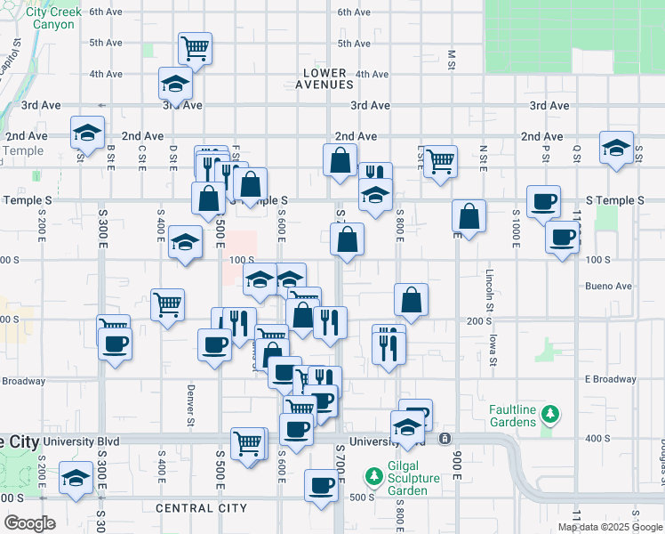 map of restaurants, bars, coffee shops, grocery stores, and more near 680 East 100 South in Salt Lake City