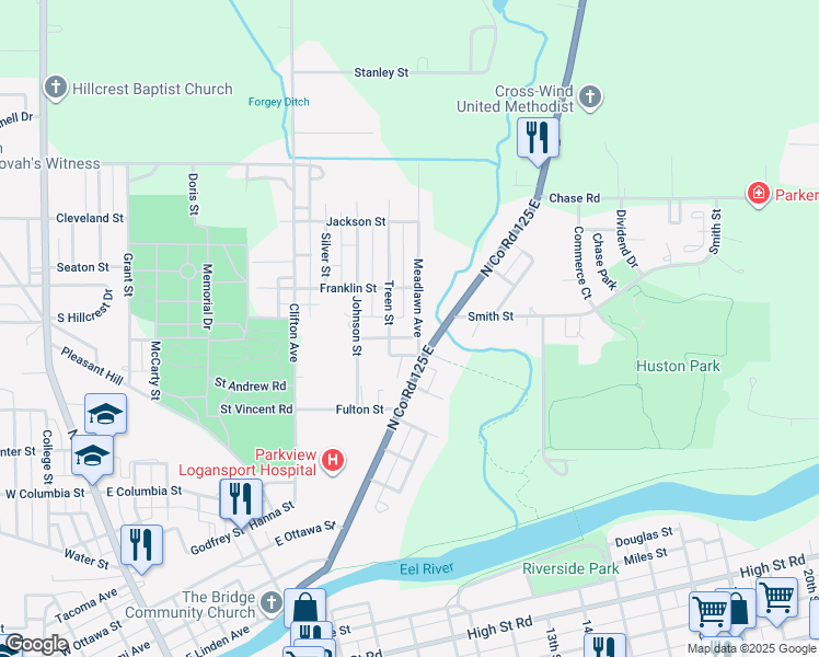 map of restaurants, bars, coffee shops, grocery stores, and more near 1501 Meadlawn Avenue in Logansport