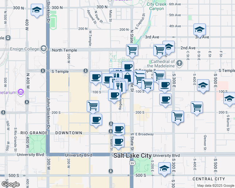 map of restaurants, bars, coffee shops, grocery stores, and more near 22 East 100 South in Salt Lake City