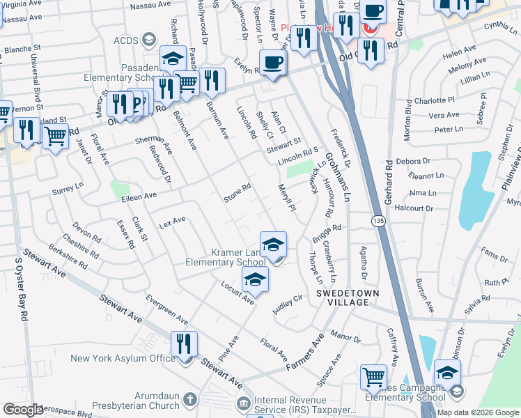 map of restaurants, bars, coffee shops, grocery stores, and more near 25 Barnum Avenue in Plainview