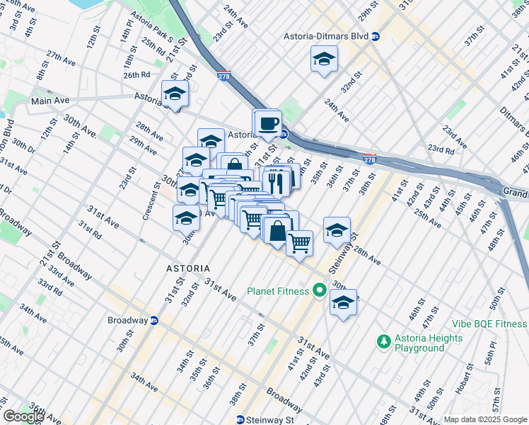 map of restaurants, bars, coffee shops, grocery stores, and more near 28-19 33rd Street in Queens
