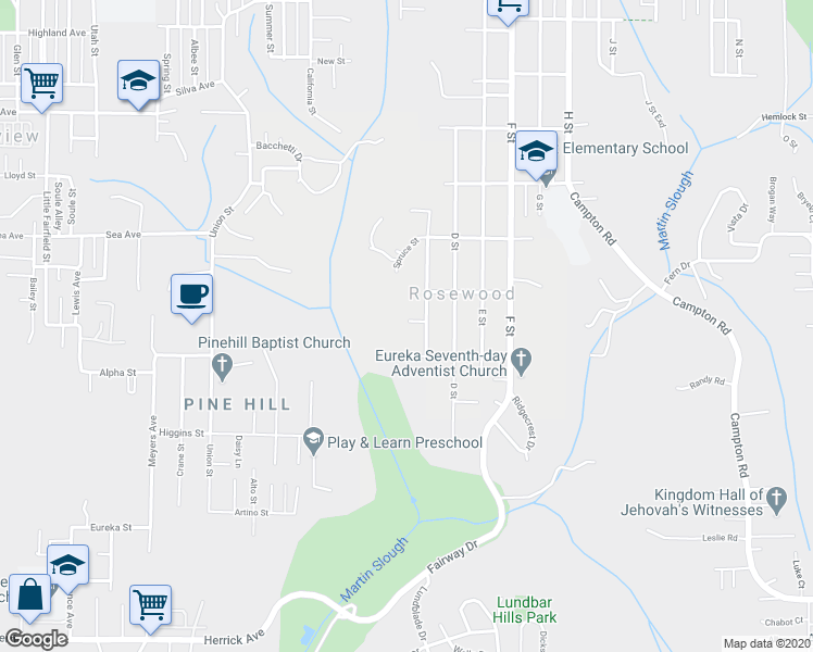 map of restaurants, bars, coffee shops, grocery stores, and more near 4154 Williams Street in Eureka