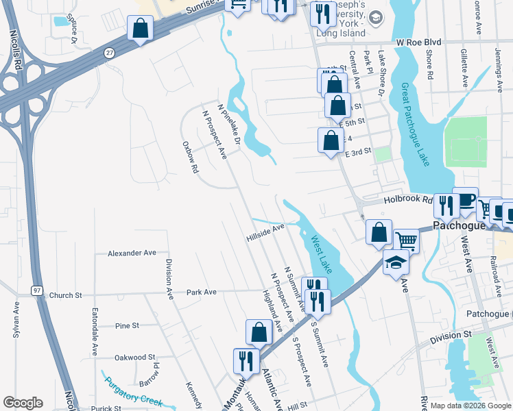 map of restaurants, bars, coffee shops, grocery stores, and more near 144 North Summit Avenue in Patchogue