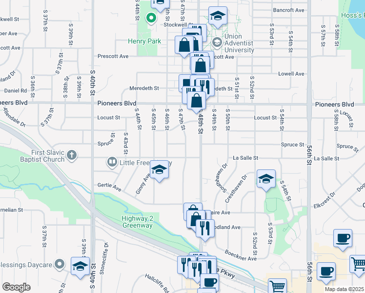 map of restaurants, bars, coffee shops, grocery stores, and more near 4641 Spruce St in Lincoln