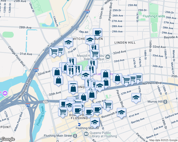 map of restaurants, bars, coffee shops, grocery stores, and more near 139-18 34th Avenue in Queens