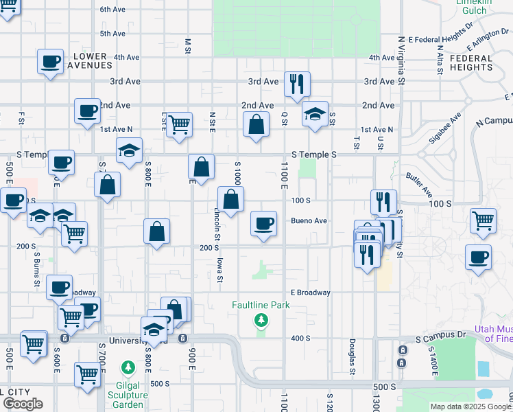 map of restaurants, bars, coffee shops, grocery stores, and more near 1046 East 100 South in Salt Lake City