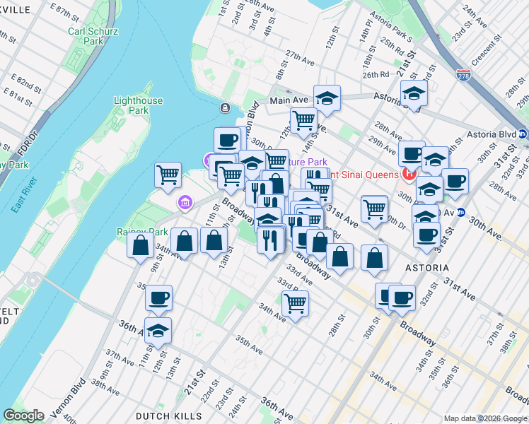 map of restaurants, bars, coffee shops, grocery stores, and more near 31-50 14th Street in Queens