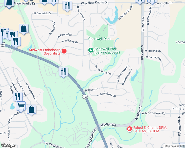 map of restaurants, bars, coffee shops, grocery stores, and more near 6523 North Cedarbrook Lane in Peoria