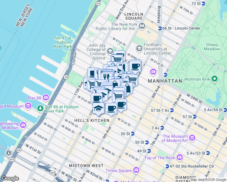 map of restaurants, bars, coffee shops, grocery stores, and more near 443 West 54th Street in New York