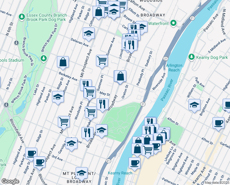 map of restaurants, bars, coffee shops, grocery stores, and more near 478 Broadway in Newark