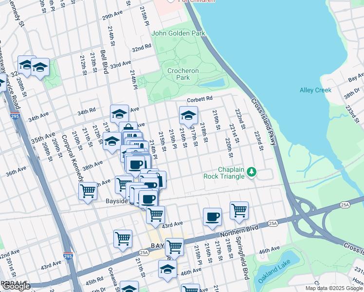 map of restaurants, bars, coffee shops, grocery stores, and more near 38-15 216th Street in Queens