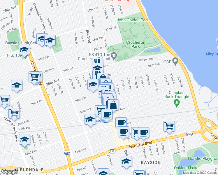 map of restaurants, bars, coffee shops, grocery stores, and more near 213-49 38th Avenue in Queens