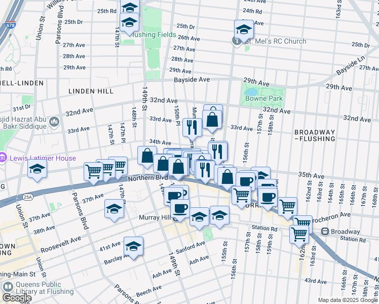 map of restaurants, bars, coffee shops, grocery stores, and more near 3412 Murray Street in Queens