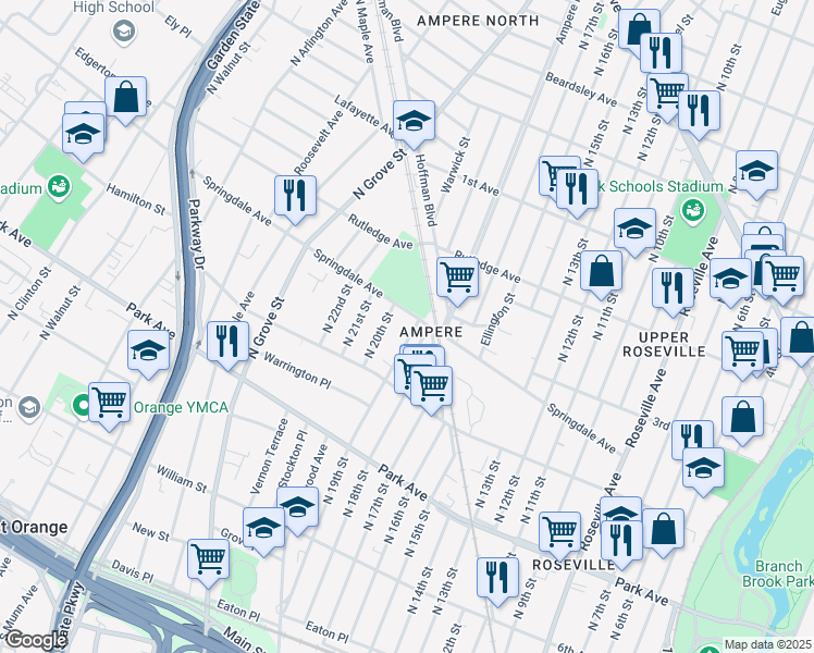 map of restaurants, bars, coffee shops, grocery stores, and more near 263 North 19th Street in East Orange