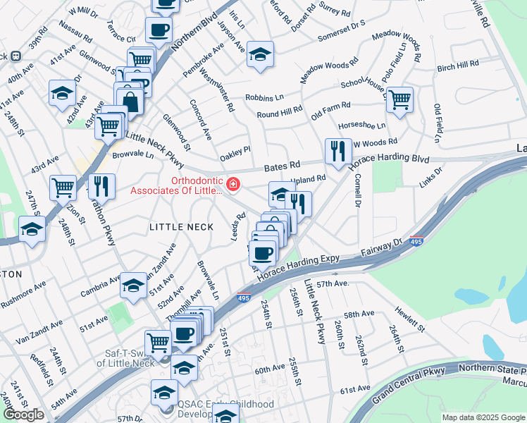 map of restaurants, bars, coffee shops, grocery stores, and more near 52-81 Little Neck Parkway in Queens